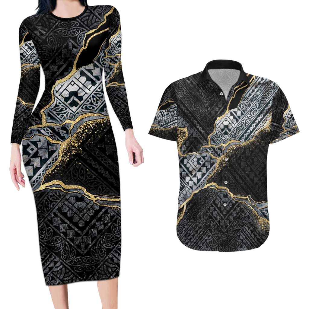 Polynesian Tribal Tattoo Couples Matching Long Sleeve Bodycon Dress and Hawaiian Shirt Dark Marble Pattern LT9 Black - Polynesian Pride