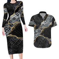 Polynesian Tribal Tattoo Couples Matching Long Sleeve Bodycon Dress and Hawaiian Shirt Dark Marble Pattern LT9 Black - Polynesian Pride