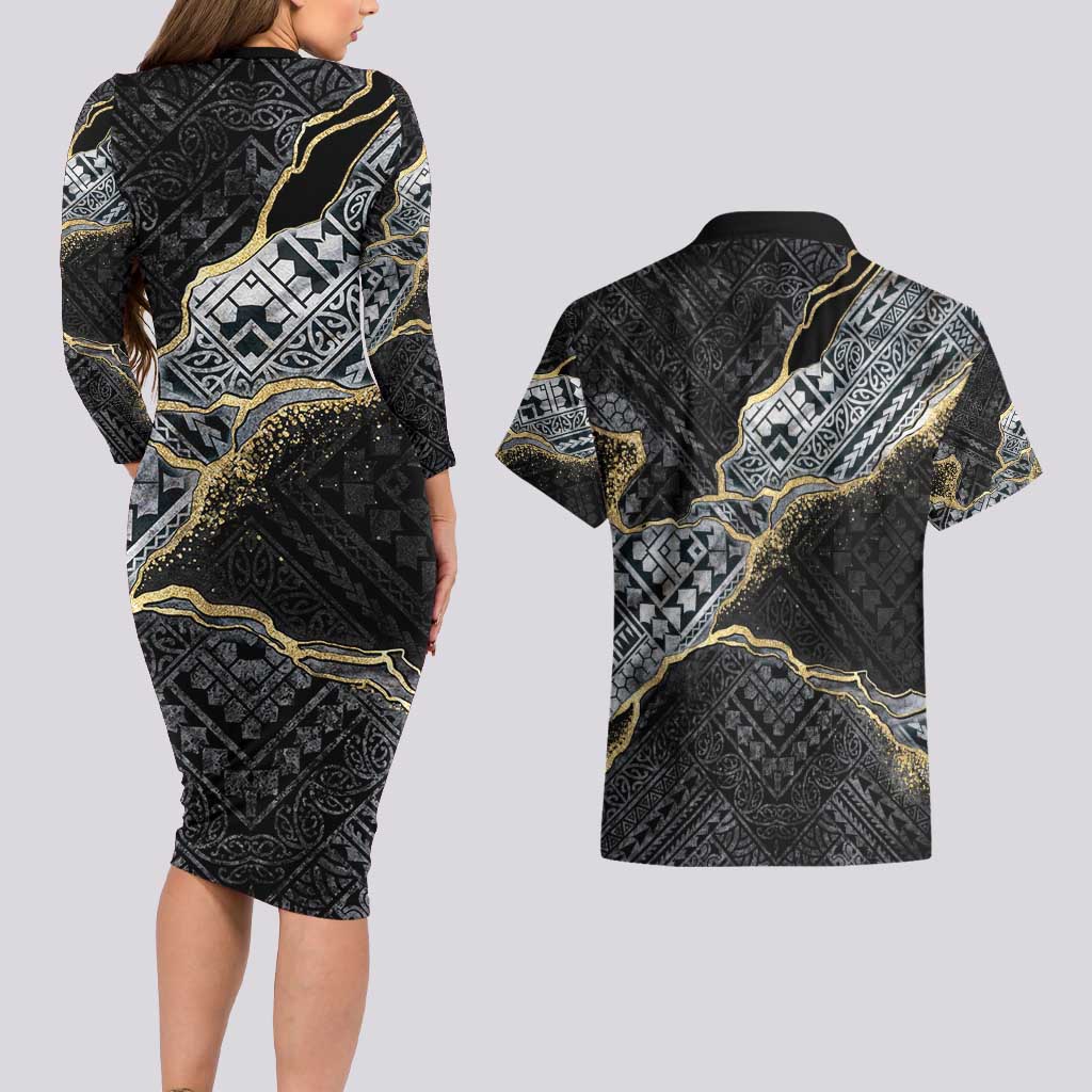Polynesian Tribal Tattoo Couples Matching Long Sleeve Bodycon Dress and Hawaiian Shirt Dark Marble Pattern LT9 - Polynesian Pride