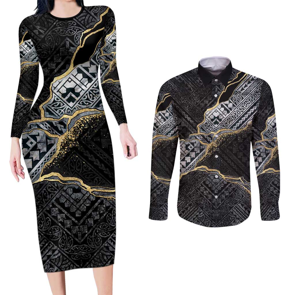 Polynesian Tribal Tattoo Couples Matching Long Sleeve Bodycon Dress and Long Sleeve Button Shirt Dark Marble Pattern LT9 Black - Polynesian Pride