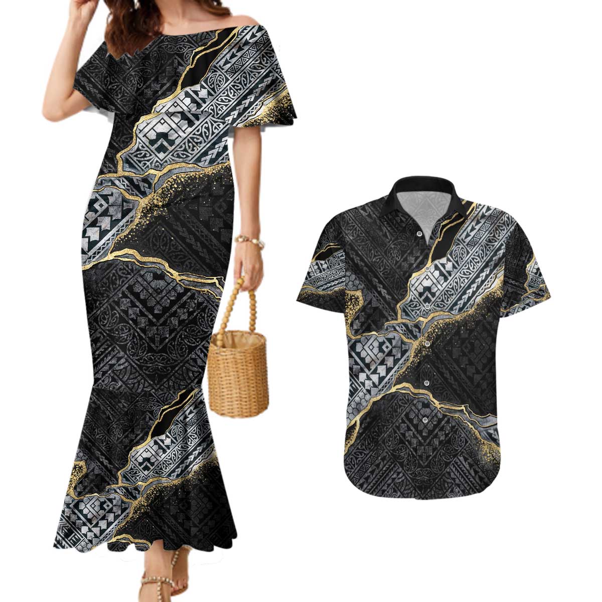 Polynesian Tribal Tattoo Couples Matching Mermaid Dress and Hawaiian Shirt Dark Marble Pattern LT9 Black - Polynesian Pride