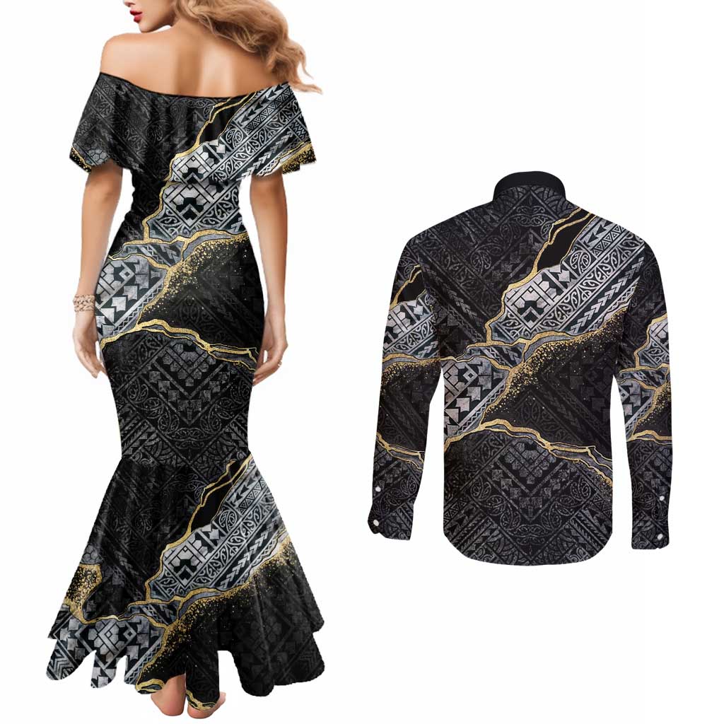 Polynesian Tribal Tattoo Couples Matching Mermaid Dress and Long Sleeve Button Shirt Dark Marble Pattern LT9 - Polynesian Pride