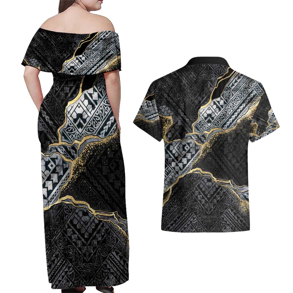 Polynesian Tribal Tattoo Couples Matching Off Shoulder Maxi Dress and Hawaiian Shirt Dark Marble Pattern LT9 - Polynesian Pride