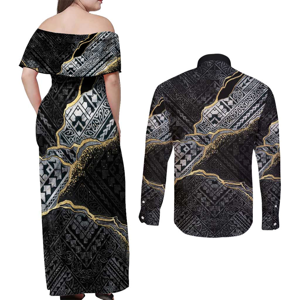 Polynesian Tribal Tattoo Couples Matching Off Shoulder Maxi Dress and Long Sleeve Button Shirt Dark Marble Pattern LT9 - Polynesian Pride