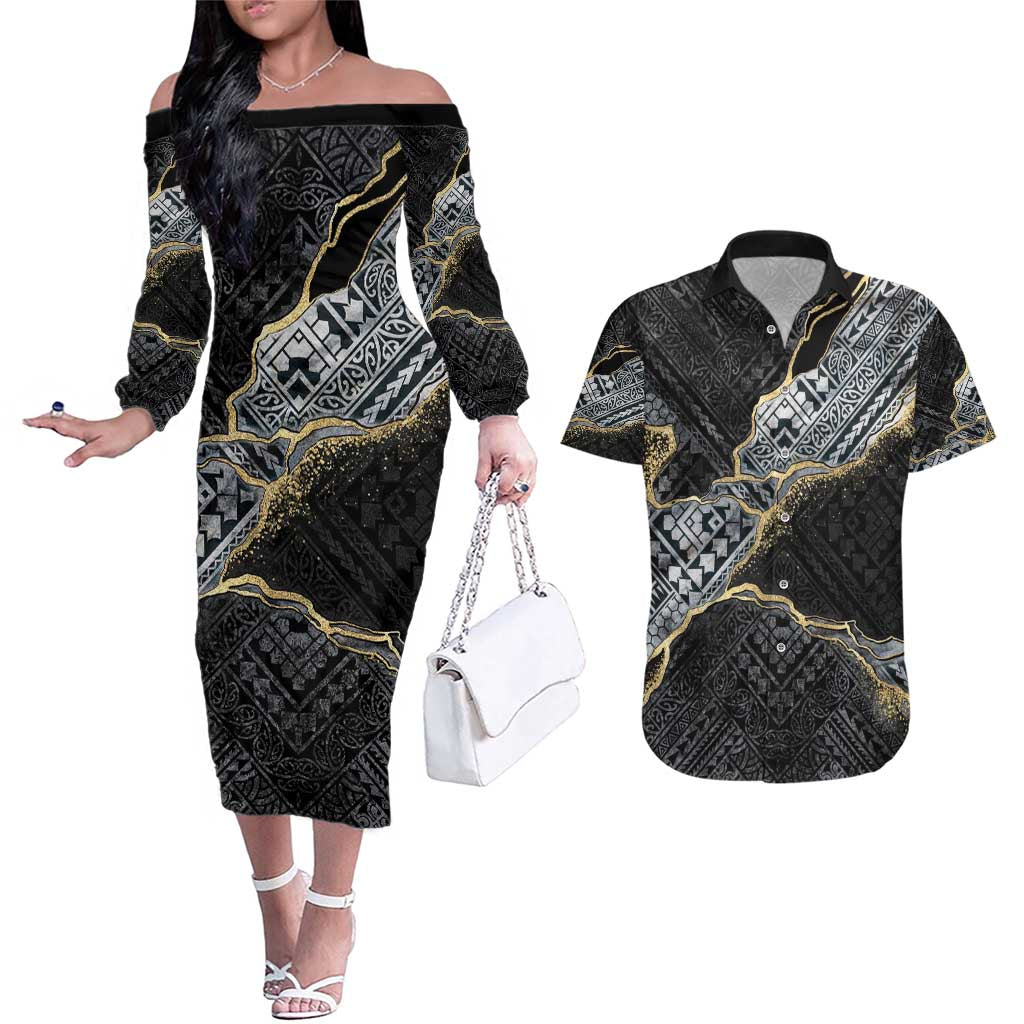 Polynesian Tribal Tattoo Couples Matching Off The Shoulder Long Sleeve Dress and Hawaiian Shirt Dark Marble Pattern LT9 Black - Polynesian Pride