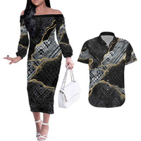 Polynesian Tribal Tattoo Couples Matching Off The Shoulder Long Sleeve Dress and Hawaiian Shirt Dark Marble Pattern LT9 Black - Polynesian Pride