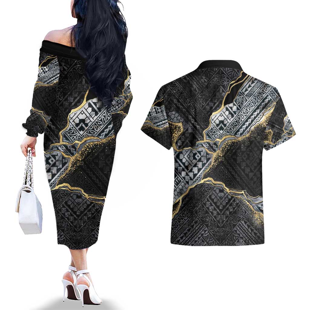 Polynesian Tribal Tattoo Couples Matching Off The Shoulder Long Sleeve Dress and Hawaiian Shirt Dark Marble Pattern LT9 - Polynesian Pride