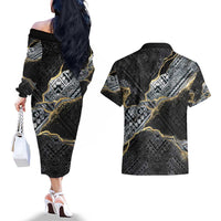 Polynesian Tribal Tattoo Couples Matching Off The Shoulder Long Sleeve Dress and Hawaiian Shirt Dark Marble Pattern LT9 - Polynesian Pride