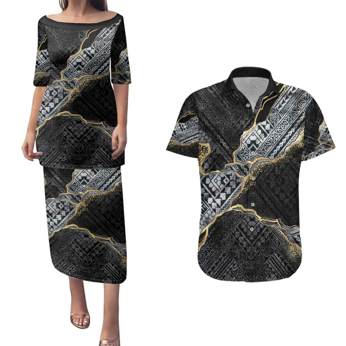 Polynesian Tribal Tattoo Couples Matching Puletasi and Hawaiian Shirt Dark Marble Pattern LT9 Black - Polynesian Pride