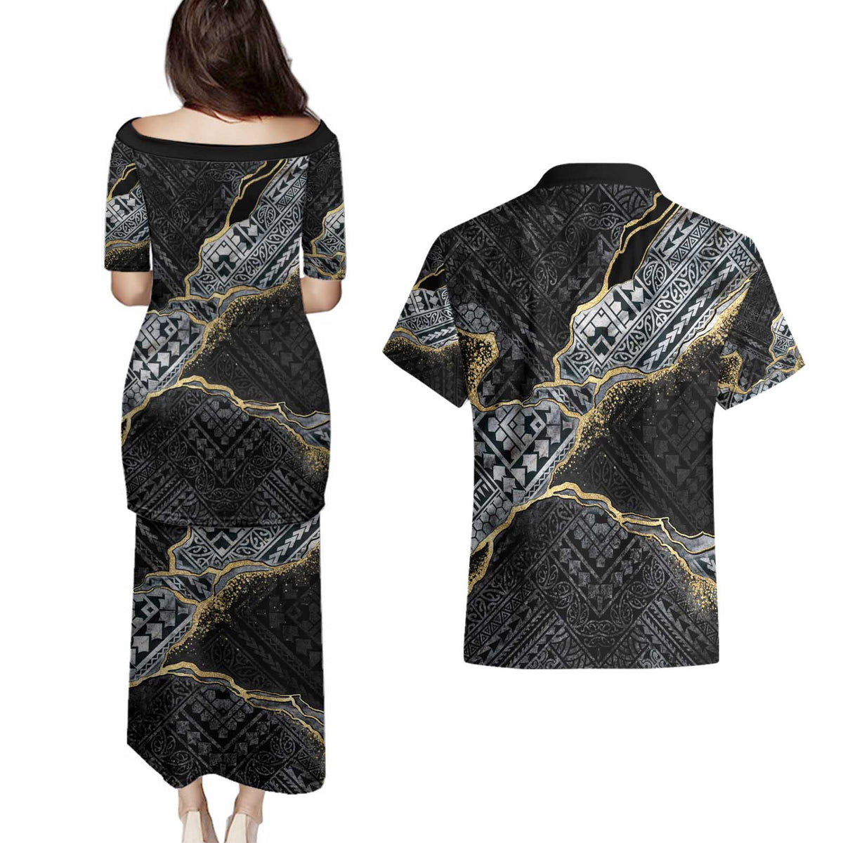 Polynesian Tribal Tattoo Couples Matching Puletasi and Hawaiian Shirt Dark Marble Pattern LT9 - Polynesian Pride