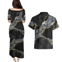 Polynesian Tribal Tattoo Couples Matching Puletasi and Hawaiian Shirt Dark Marble Pattern LT9 - Polynesian Pride
