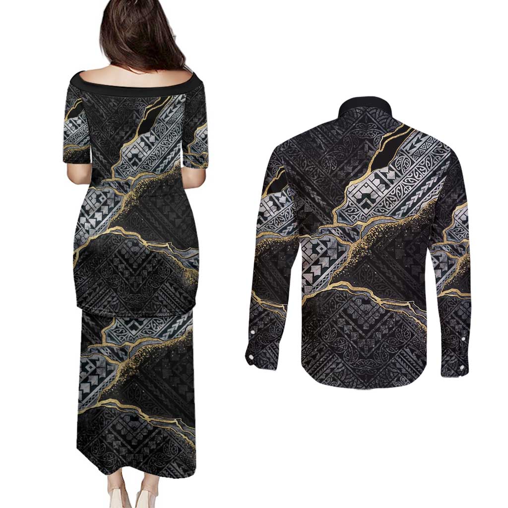 Polynesian Tribal Tattoo Couples Matching Puletasi and Long Sleeve Button Shirt Dark Marble Pattern LT9 - Polynesian Pride