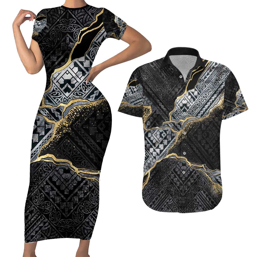 Polynesian Tribal Tattoo Couples Matching Short Sleeve Bodycon Dress and Hawaiian Shirt Dark Marble Pattern LT9 Black - Polynesian Pride