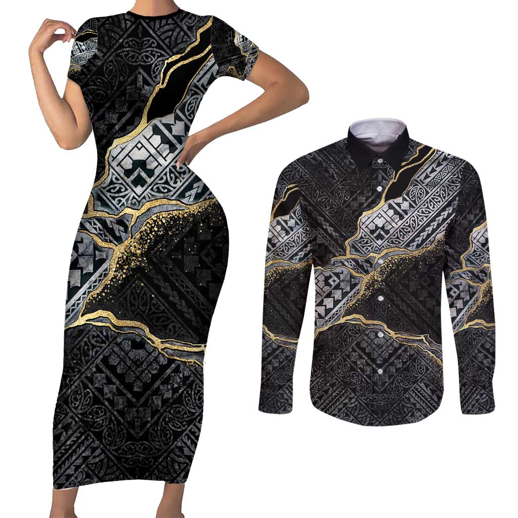 Polynesian Tribal Tattoo Couples Matching Short Sleeve Bodycon Dress and Long Sleeve Button Shirt Dark Marble Pattern LT9 Black - Polynesian Pride