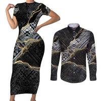 Polynesian Tribal Tattoo Couples Matching Short Sleeve Bodycon Dress and Long Sleeve Button Shirt Dark Marble Pattern LT9 Black - Polynesian Pride