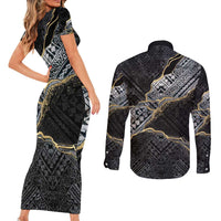 Polynesian Tribal Tattoo Couples Matching Short Sleeve Bodycon Dress and Long Sleeve Button Shirt Dark Marble Pattern LT9 - Polynesian Pride