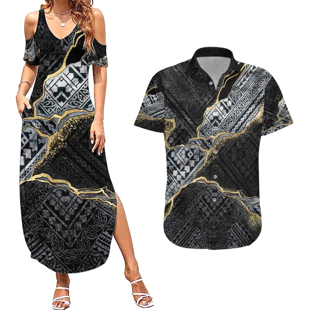Polynesian Tribal Tattoo Couples Matching Summer Maxi Dress and Hawaiian Shirt Dark Marble Pattern LT9 Black - Polynesian Pride