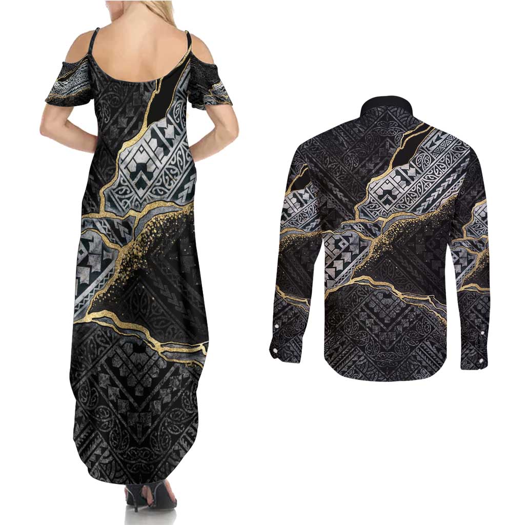 Polynesian Tribal Tattoo Couples Matching Summer Maxi Dress and Long Sleeve Button Shirt Dark Marble Pattern LT9 - Polynesian Pride