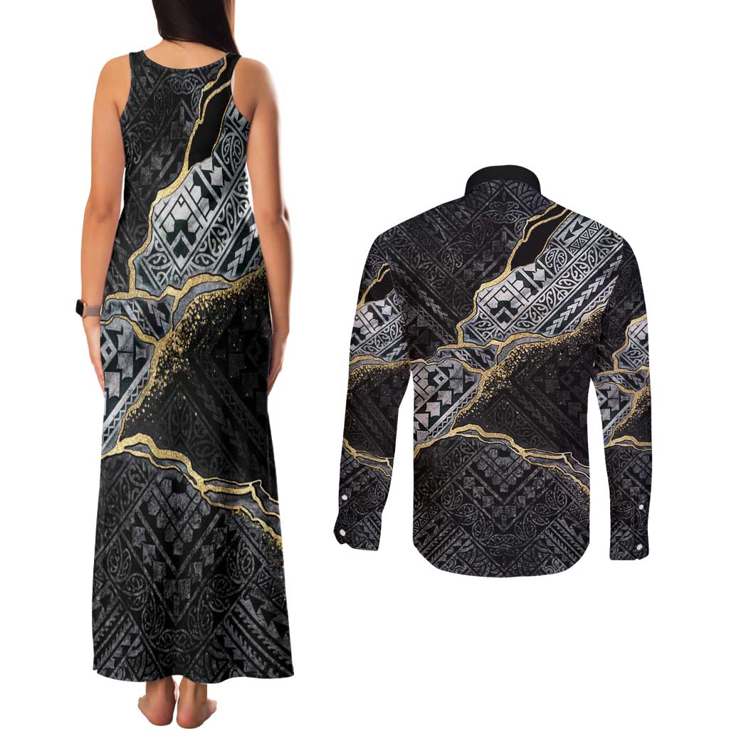 Polynesian Tribal Tattoo Couples Matching Tank Maxi Dress and Long Sleeve Button Shirt Dark Marble Pattern LT9 - Polynesian Pride