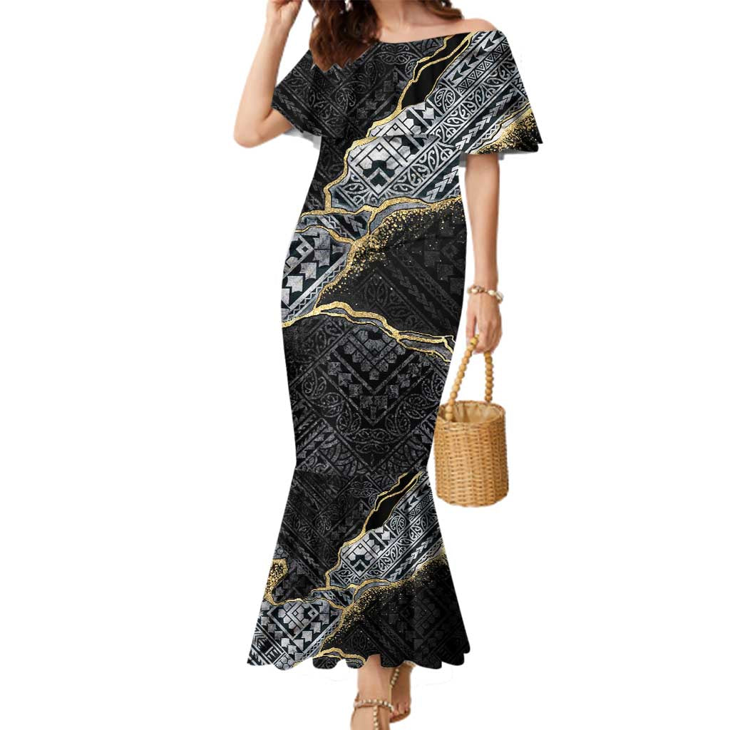 Polynesian Tribal Tattoo Family Matching Mermaid Dress and Hawaiian Shirt Dark Marble Pattern