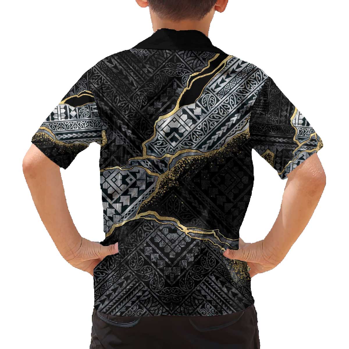 Polynesian Tribal Tattoo Family Matching Off The Shoulder Long Sleeve Dress and Hawaiian Shirt Dark Marble Pattern
