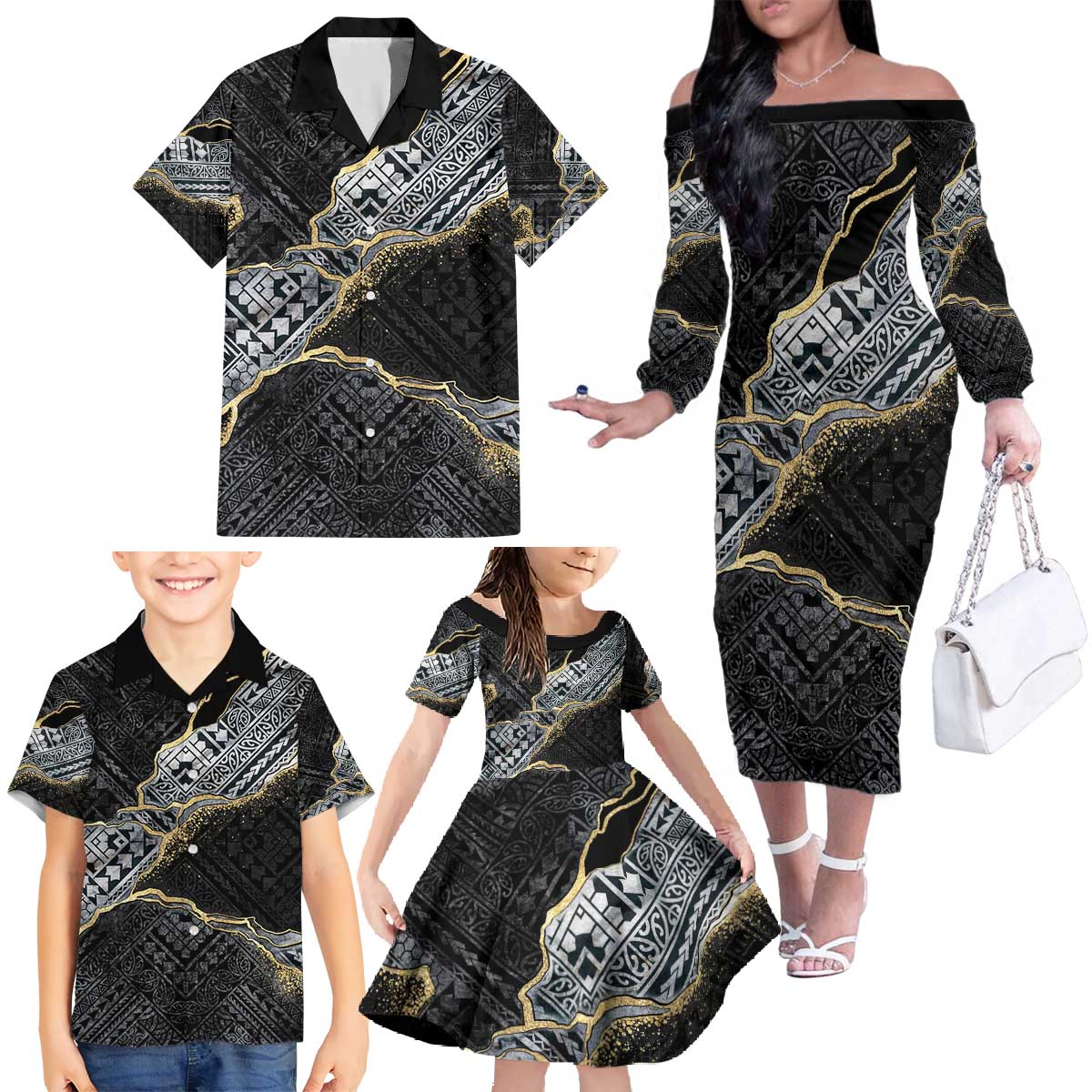 Polynesian Tribal Tattoo Family Matching Off The Shoulder Long Sleeve Dress and Hawaiian Shirt Dark Marble Pattern