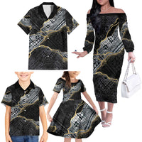 Polynesian Tribal Tattoo Family Matching Off The Shoulder Long Sleeve Dress and Hawaiian Shirt Dark Marble Pattern