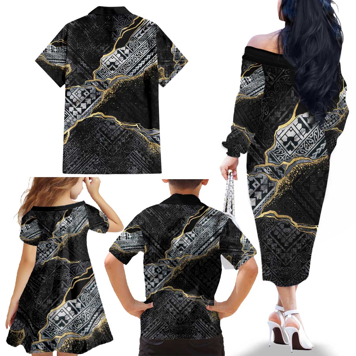 Polynesian Tribal Tattoo Family Matching Off The Shoulder Long Sleeve Dress and Hawaiian Shirt Dark Marble Pattern