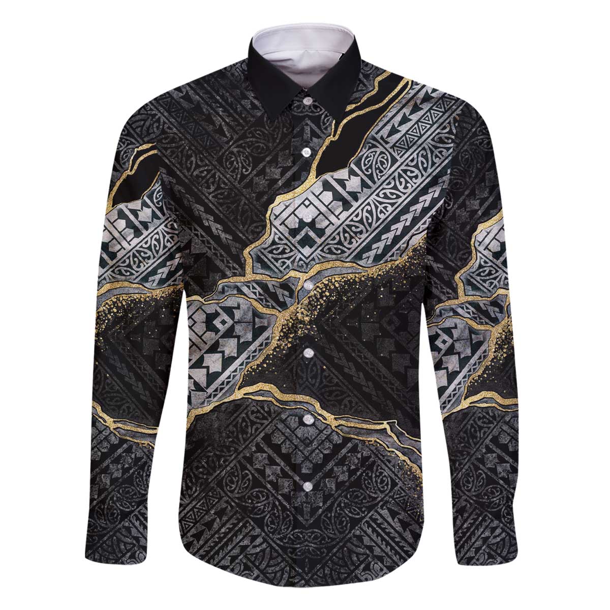 Polynesian Tribal Tattoo Family Matching Off The Shoulder Long Sleeve Dress and Hawaiian Shirt Dark Marble Pattern