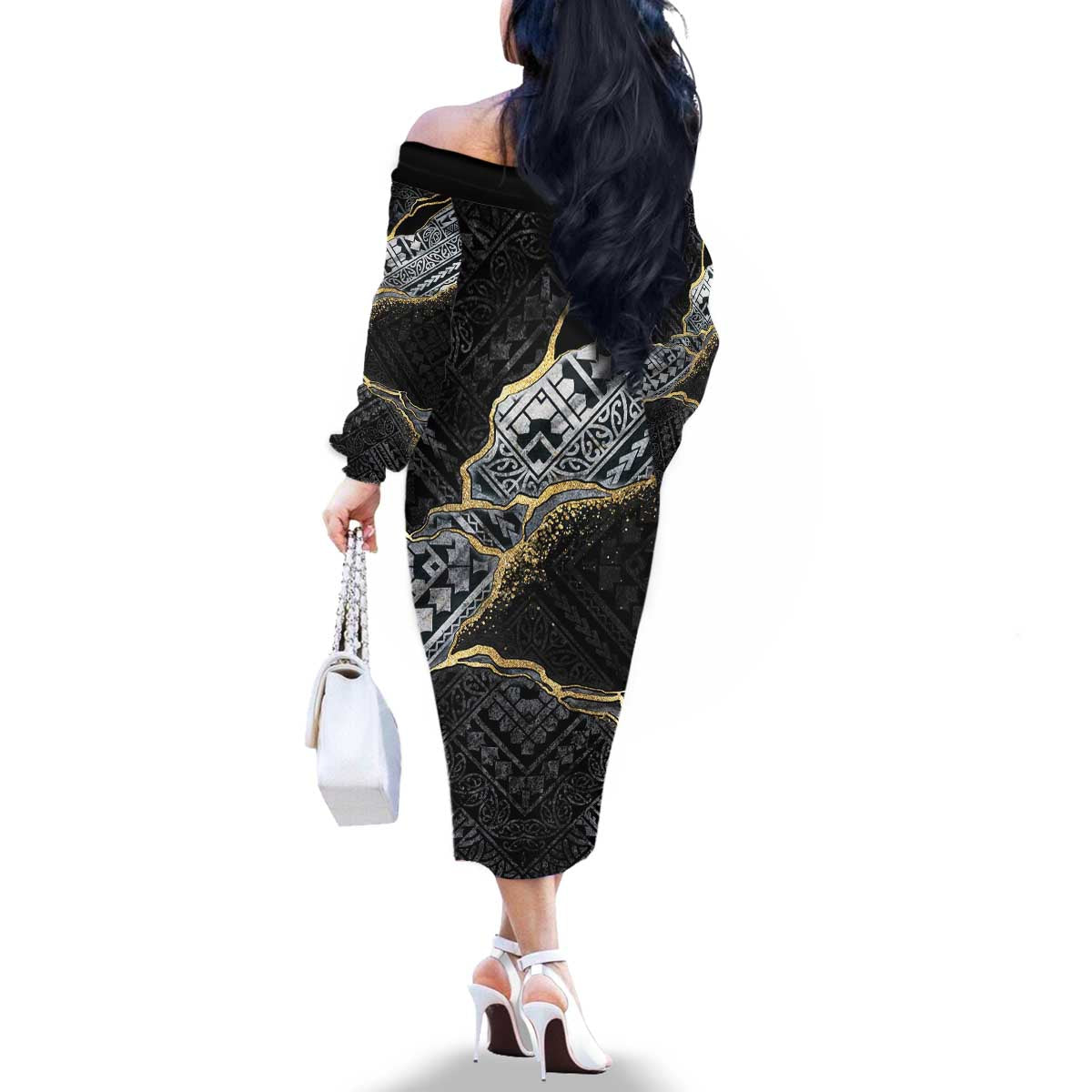 Polynesian Tribal Tattoo Family Matching Off The Shoulder Long Sleeve Dress and Hawaiian Shirt Dark Marble Pattern