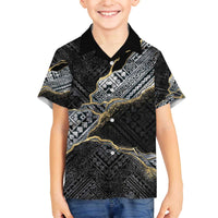 Polynesian Tribal Tattoo Family Matching Off The Shoulder Long Sleeve Dress and Hawaiian Shirt Dark Marble Pattern