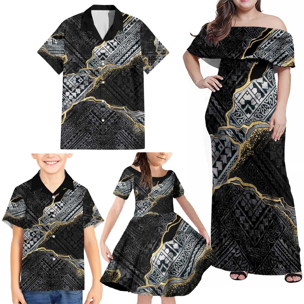Polynesian Tribal Tattoo Family Matching Off Shoulder Maxi Dress and Hawaiian Shirt Dark Marble Pattern