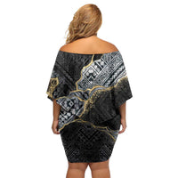 Polynesian Tribal Tattoo Family Matching Off Shoulder Short Dress and Hawaiian Shirt Dark Marble Pattern
