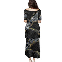 Polynesian Tribal Tattoo Family Matching Puletasi and Hawaiian Shirt Dark Marble Pattern