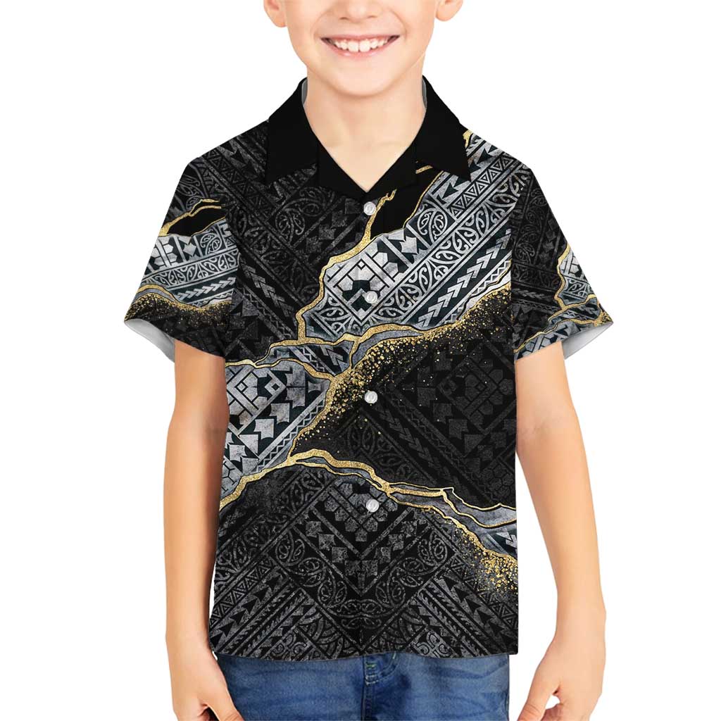 Polynesian Tribal Tattoo Family Matching Puletasi and Hawaiian Shirt Dark Marble Pattern