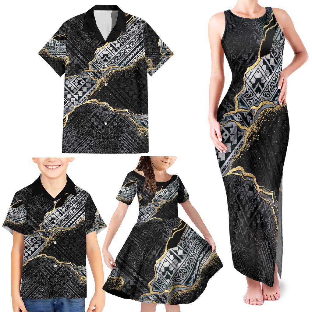 Polynesian Tribal Tattoo Family Matching Tank Maxi Dress and Hawaiian Shirt Dark Marble Pattern