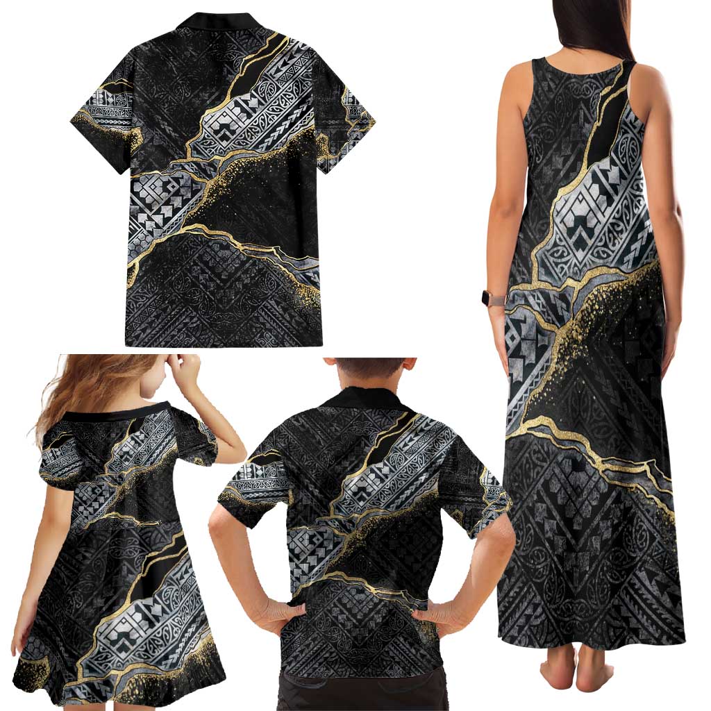 Polynesian Tribal Tattoo Family Matching Tank Maxi Dress and Hawaiian Shirt Dark Marble Pattern
