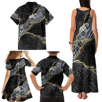 Polynesian Tribal Tattoo Family Matching Tank Maxi Dress and Hawaiian Shirt Dark Marble Pattern