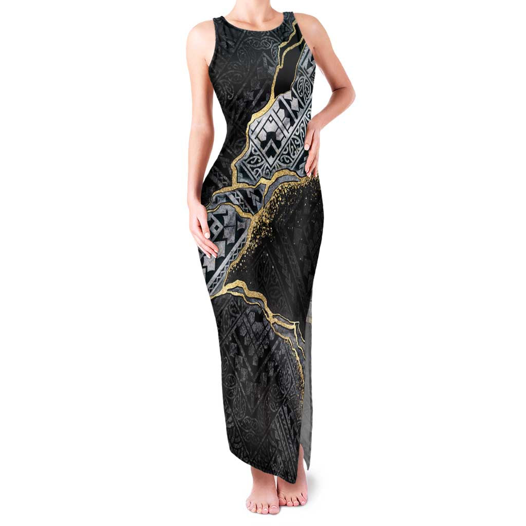Polynesian Tribal Tattoo Family Matching Tank Maxi Dress and Hawaiian Shirt Dark Marble Pattern
