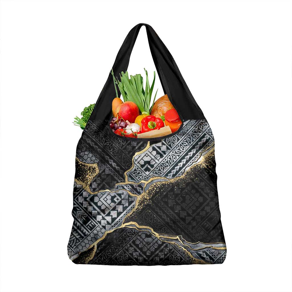 Polynesian Tribal Tattoo Grocery Bag Dark Marble Pattern
