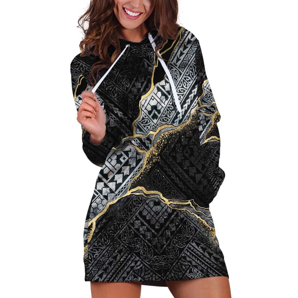 Polynesian Tribal Tattoo Hoodie Dress Dark Marble Pattern LT9 Black - Polynesian Pride