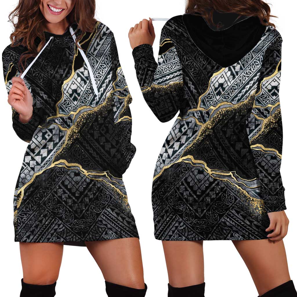 Polynesian Tribal Tattoo Hoodie Dress Dark Marble Pattern LT9 - Polynesian Pride