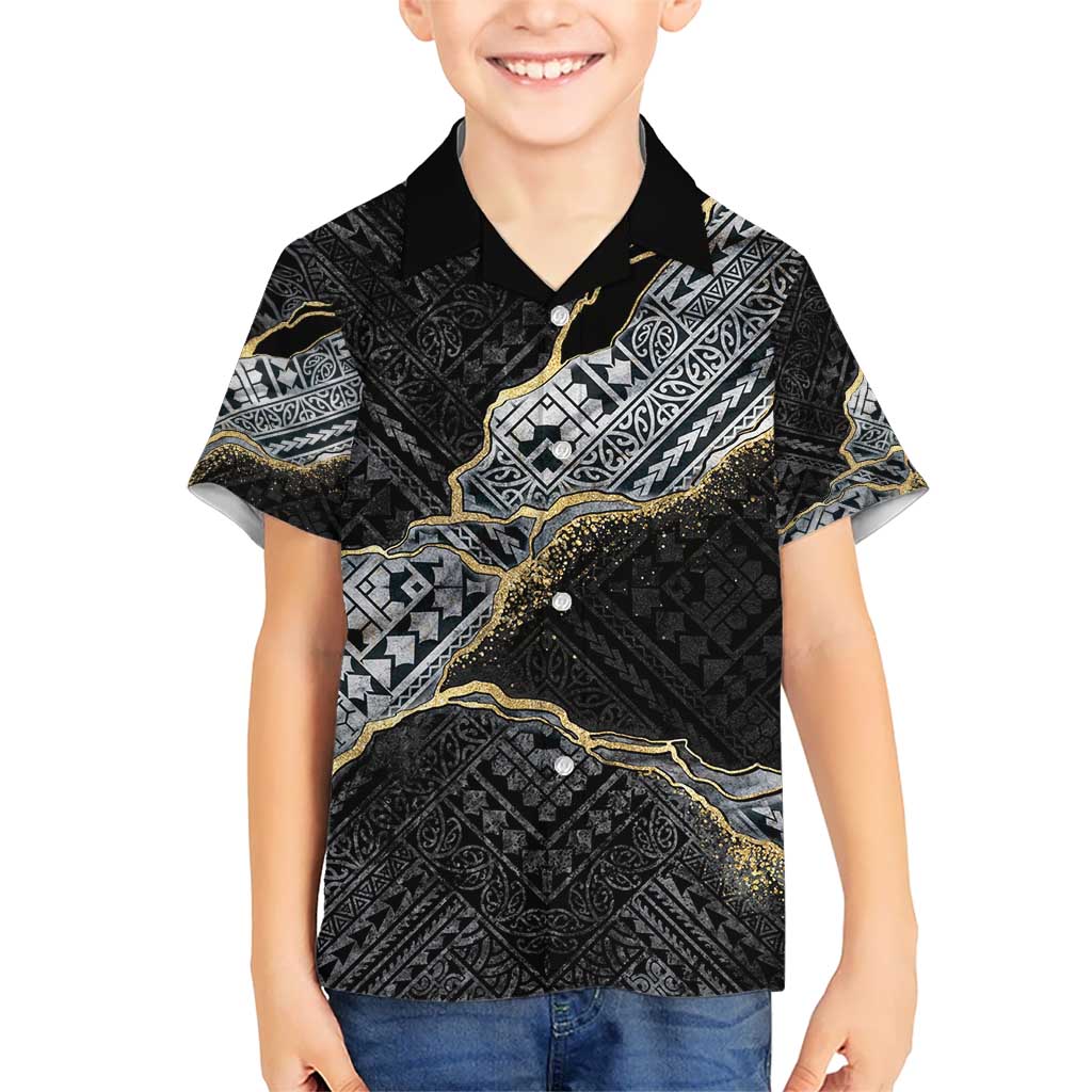 Polynesian Tribal Tattoo Kid Hawaiian Shirt Dark Marble Pattern