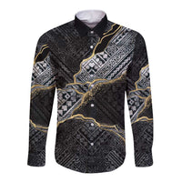 Polynesian Tribal Tattoo Long Sleeve Button Shirt Dark Marble Pattern LT9 Unisex Black - Polynesian Pride