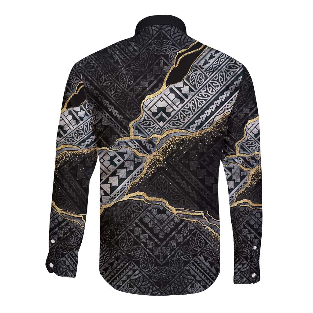 Polynesian Tribal Tattoo Long Sleeve Button Shirt Dark Marble Pattern LT9 - Polynesian Pride