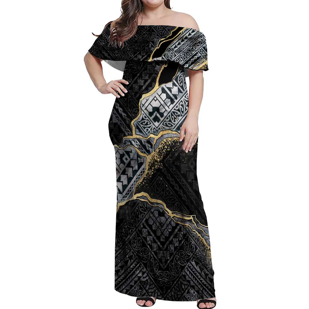 Polynesian Tribal Tattoo Off Shoulder Maxi Dress Dark Marble Pattern LT9 Women Black - Polynesian Pride
