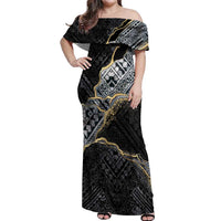 Polynesian Tribal Tattoo Off Shoulder Maxi Dress Dark Marble Pattern LT9 Women Black - Polynesian Pride