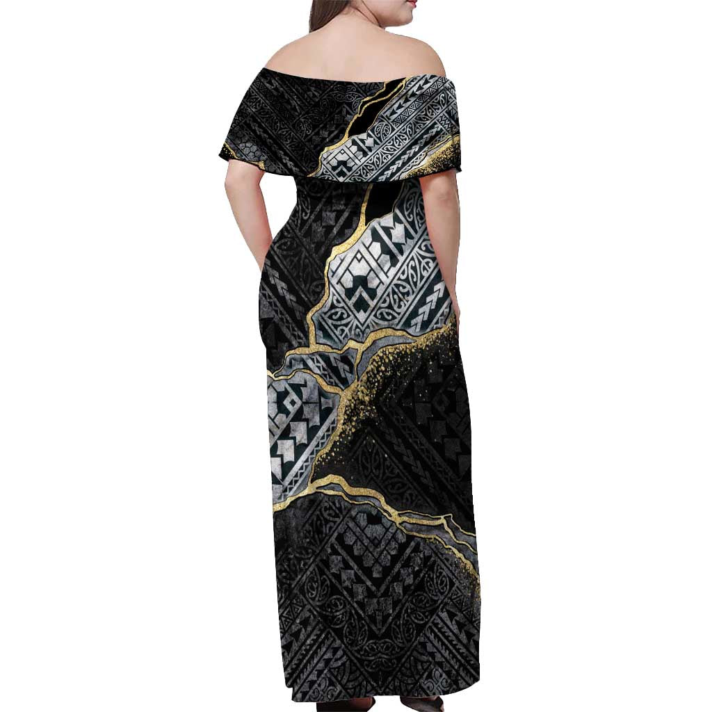 Polynesian Tribal Tattoo Off Shoulder Maxi Dress Dark Marble Pattern LT9 - Polynesian Pride