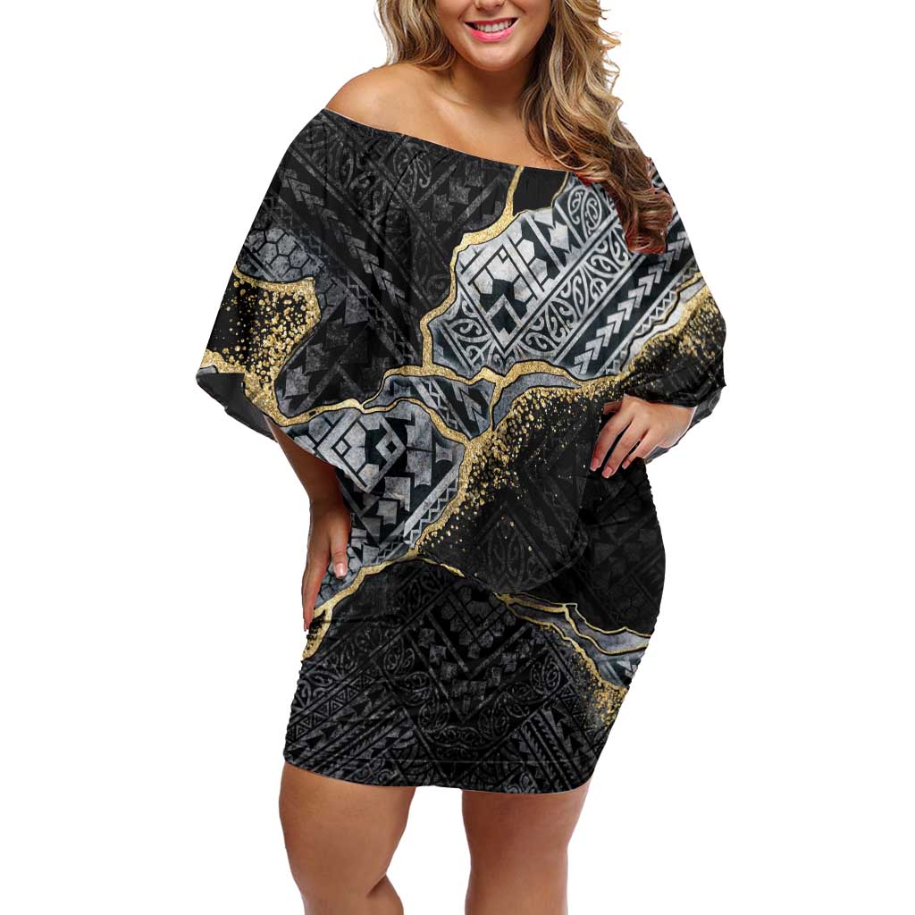 Polynesian Tribal Tattoo Off Shoulder Short Dress Dark Marble Pattern LT9 Women Black - Polynesian Pride