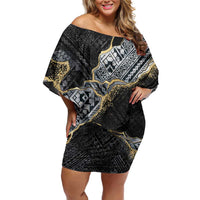 Polynesian Tribal Tattoo Off Shoulder Short Dress Dark Marble Pattern LT9 Women Black - Polynesian Pride